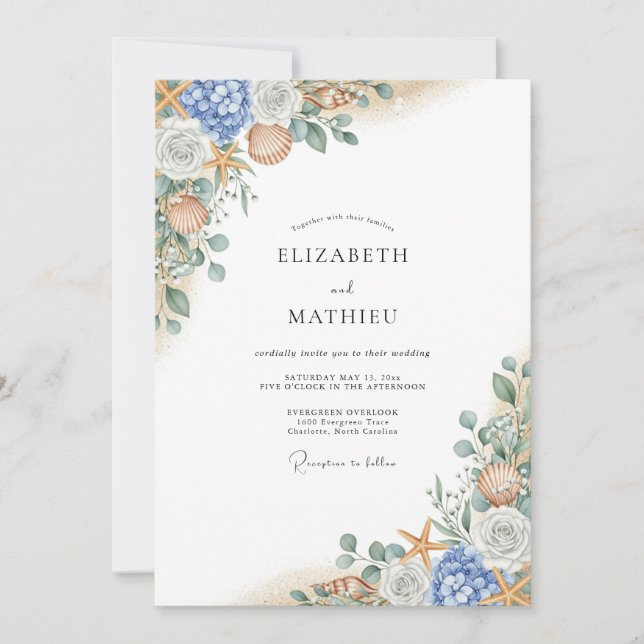 Invitation Blue Coral Bloom Flourish Wedding (Devant)