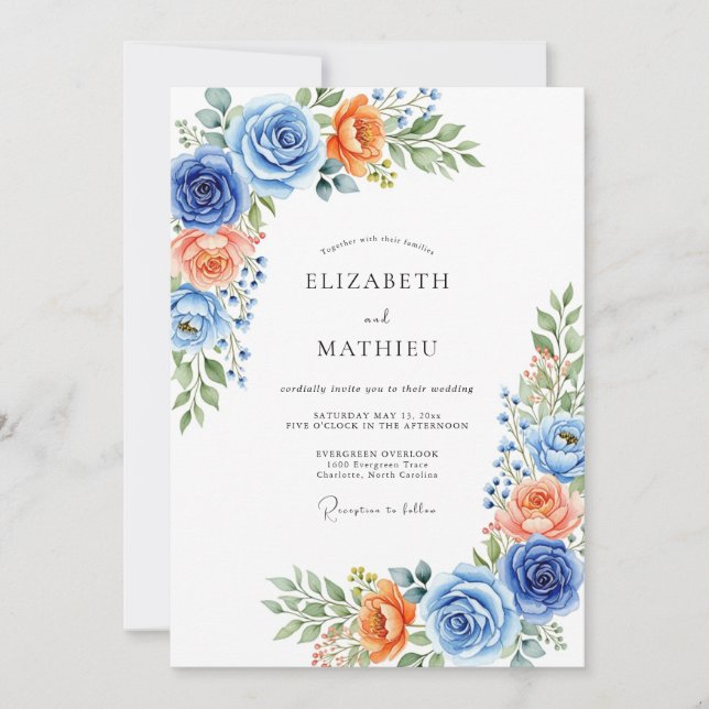 Invitation Blue Coral Botanical Romance Wedding (Devant)