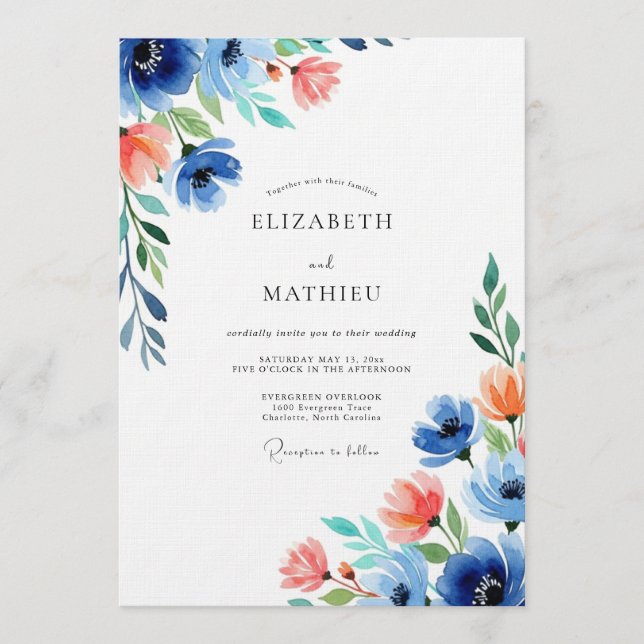 Invitation Blue Coral Floral Wedding (Devant)