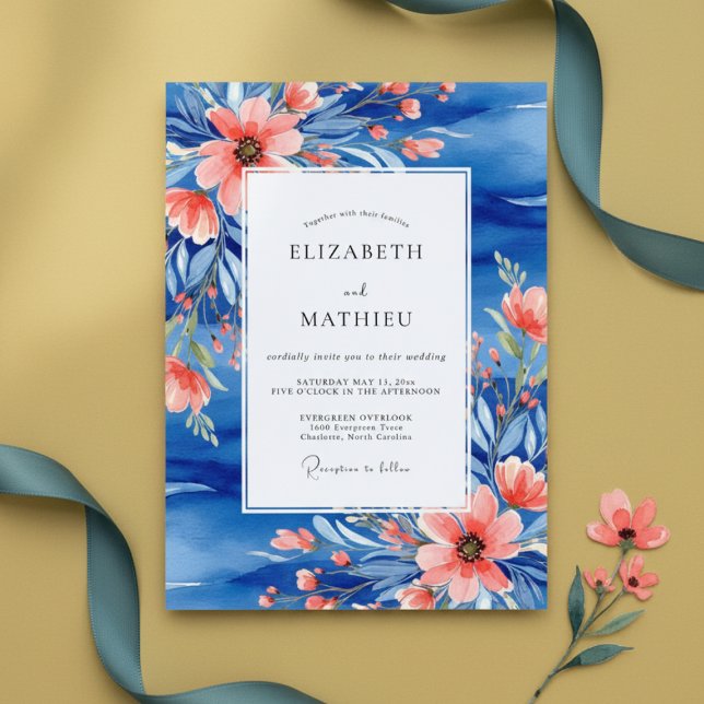 Invitation Blue Coral Painterly Botanical Wedding (Créateur téléchargé)