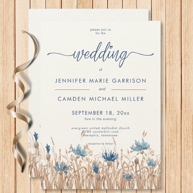 Invitation Blue Cornflowers Blé Crème de champ Mariage modern (Blue Cornflowers Wheat Field Cream Modern Wedding Invitation)
