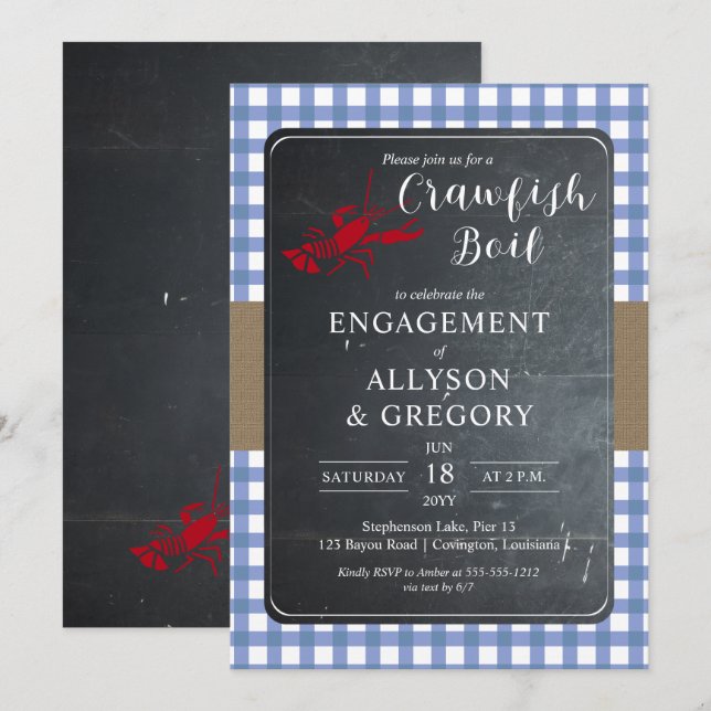 Invitation Blue Country Checks Crawfish Boil Engagement (Devant / Derrière)