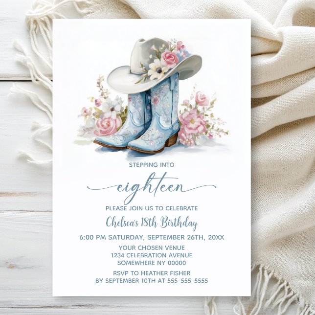 Invitation Blue Cowgirl Boots and Hat 18th Birthday Party (Créateur téléchargé)