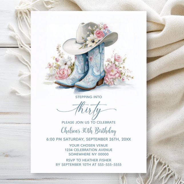 Invitation Blue Cowgirl Boots and Hat 30th Birthday Party (Créateur téléchargé)