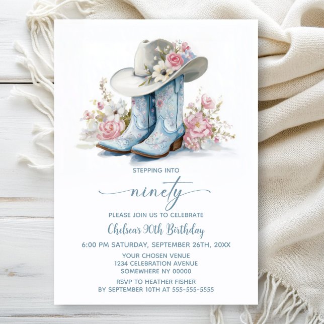 Invitation Blue Cowgirl Boots and Hat 90th Birthday Party (Créateur téléchargé)