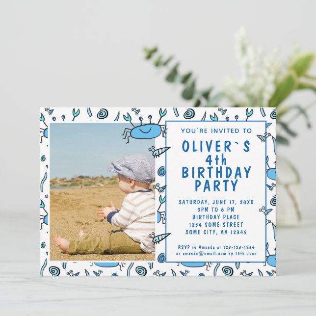 Invitation Blue Crab Sea Animaux Shell Boy Photo Anniversaire (Debout devant)