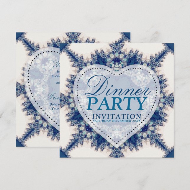 Invitation Blue & Cream Boho Chic Country Dinner Party (Devant / Derrière)