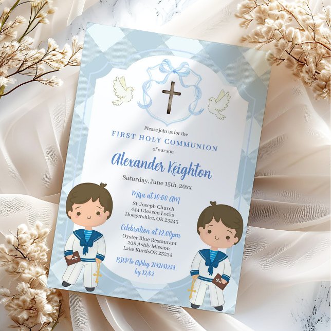 Invitation Blue Crest Twins Sailor Boy First Holy Communion (Créateur téléchargé)