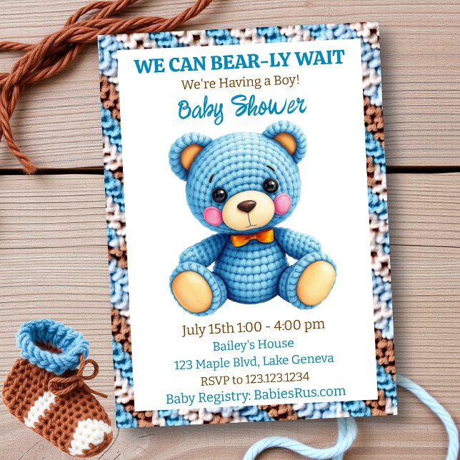 Invitation Blue Crocheted Teddy Bear Boy's Baby Shower (Créateur téléchargé)