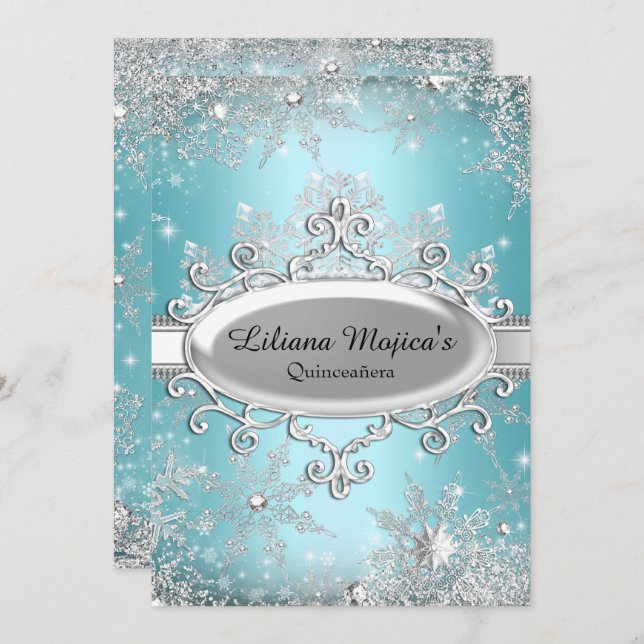 Invitation Blue Crystal Snowflake Princesse Quinceanera (Devant / Derrière)