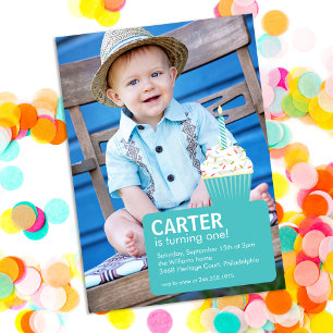 Invitation Blue Cupcake photo premier anniversaire