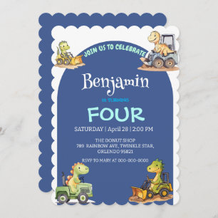 Invitation Blue Cute dinosaur tracteur Rainbow School Anniver