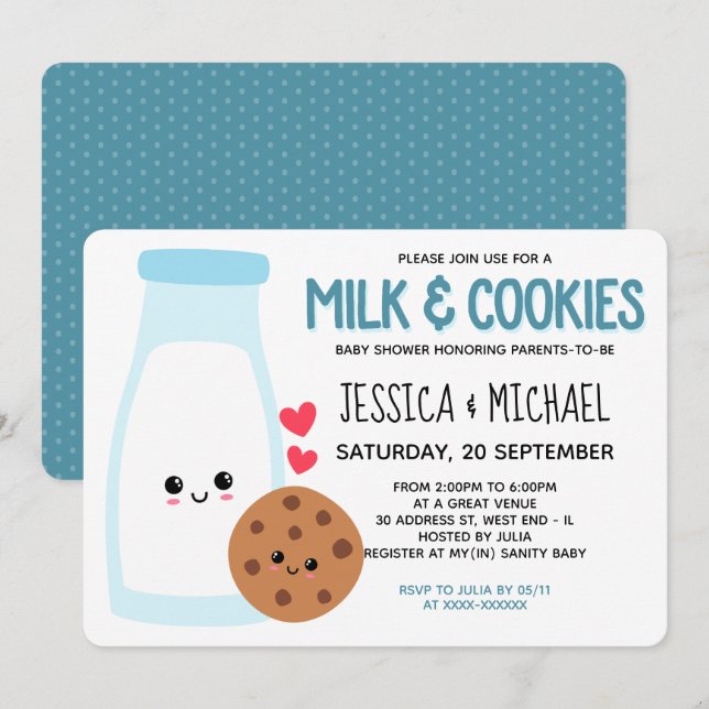 Invitation Blue Cute Kawaii Lait Et Baby shower De Cookies (Devant / Derrière)