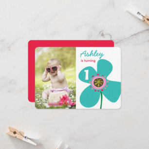 Invitation Blue Daisy Pop Flower mignonne Photo Girl 1er anni