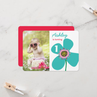 Invitation Blue Daisy Pop Flower mignonne Photo Girl 1er anni