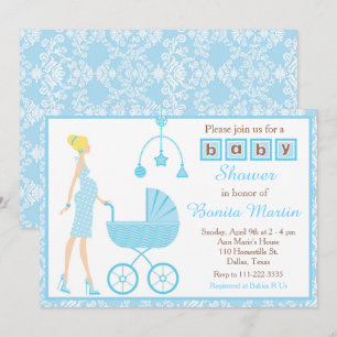Invitation Blue Damask Blonde Attente Baby shower garçon