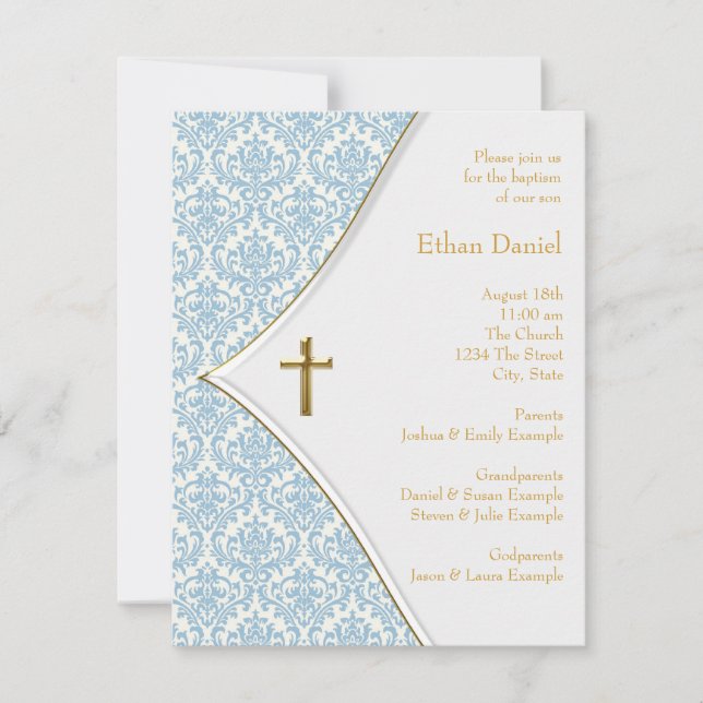 Invitation Blue Damask Cross Boy Baptême Christening (Devant)