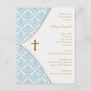Invitation Blue Damask Cross Boy Baptême Christening
