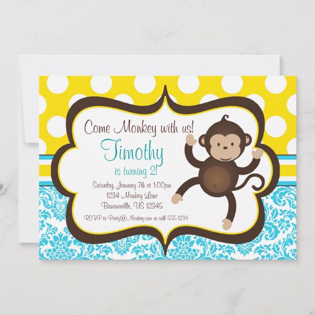 Invitation Blue Damask Mod Monkey Boys Birthday Party Invitat (Devant)