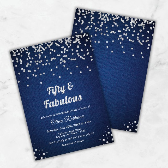 Invitation Blue Denim Cinquante et fabuleux 50e anniversaire (Blue Denim Fifty and Fabulous 50th Birthday Invitation )
