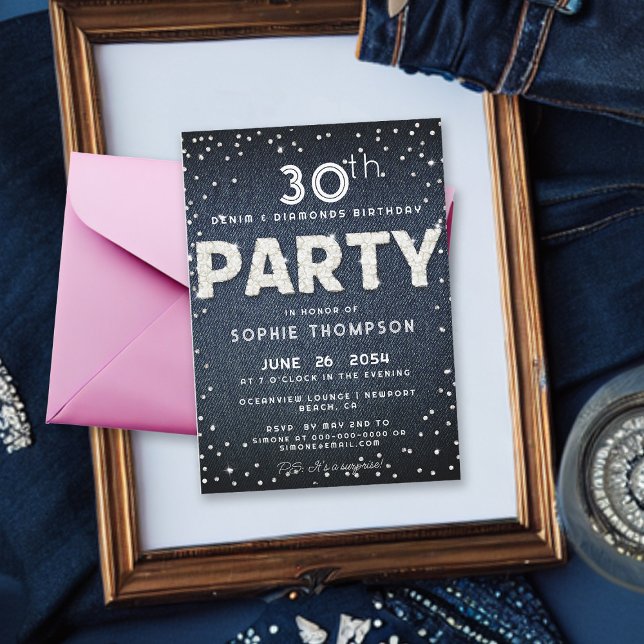 Invitation Blue Denim Diamonds Parties scintillant N'importe  (Denim and Diamonds 30th Birthday Party Invitation for Women Classy Rhinestones Dropes Bling Party)