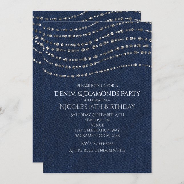 Invitation Blue Denim & Diamonds Sparkling Birthday Party (Devant / Derrière)