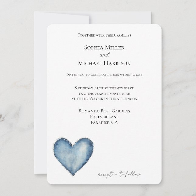 Invitation Blue Denim Jean Mariage de coeur (Devant)