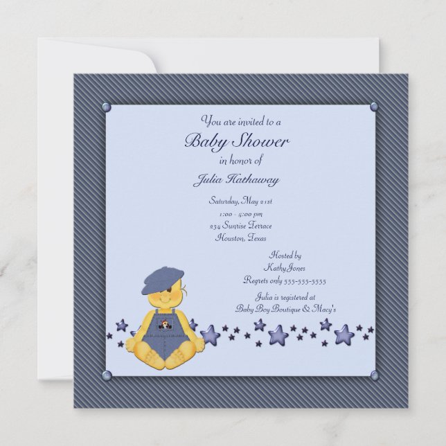 Invitation Blue Denim Stars Baby Boy Douche (Devant)