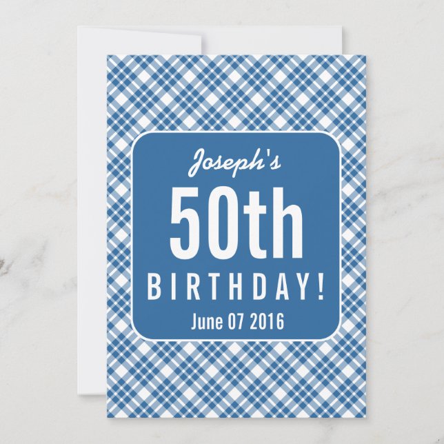Invitation BLUE DIAGONAL PLAID 50e anniversaire Fête A07L (Devant)