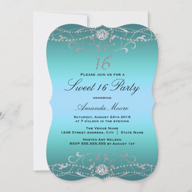 Invitation Blue Diamond Damask Sweet 16 (Devant)
