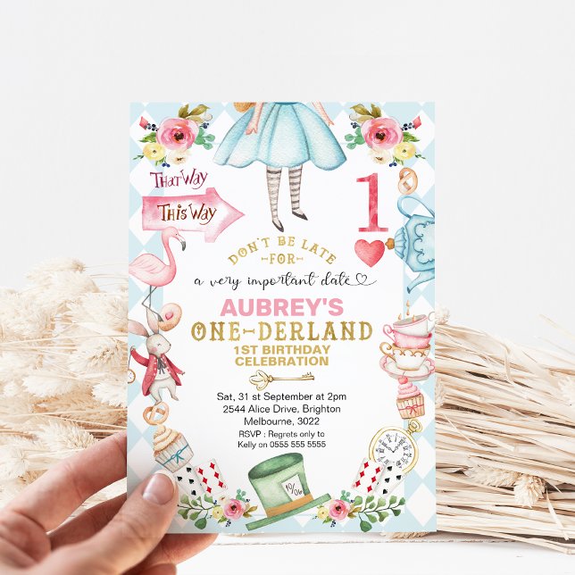Invitation Blue Diamond Heart Alice Un derland 1er anniversai (Alice in Onederland 1st Birthday Invitation, Blue Diamond Pattern Red Heart, Floral Alice Onederland)
