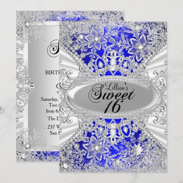 Invitation Blue Diamond Snowflake Winter Wonderland Sweet 16 (Devant / Derrière)