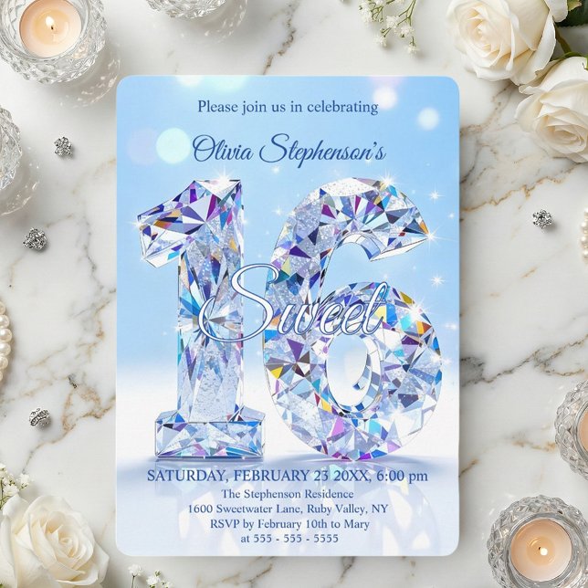 Invitation Blue Diamond Sparkle Glamour Fête d'anniversaire S (Créateur téléchargé)