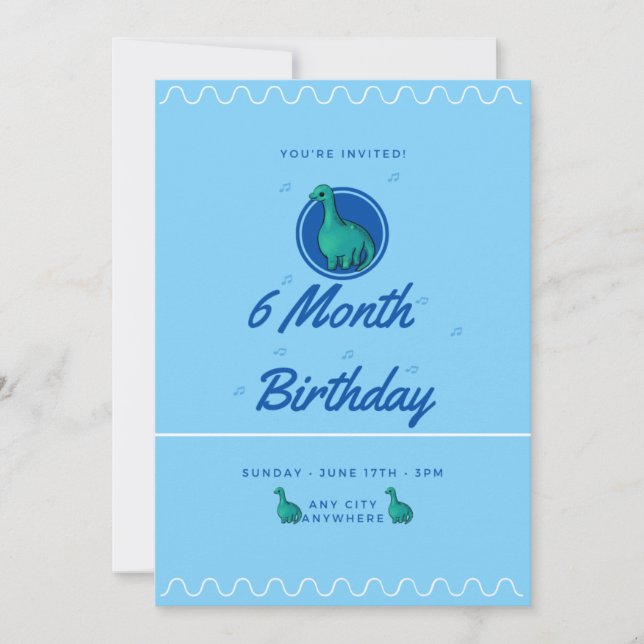 Invitation Blue Dinosaur 6 Month Birthday (Devant)