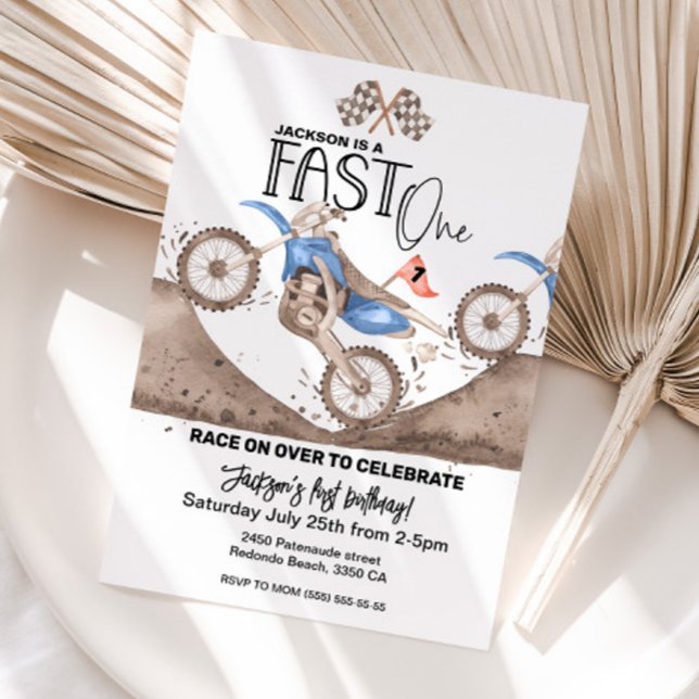 Invitation Blue Dirt Bike 1er anniversaire Fast ONE (Blue dirt bike birthday invitation, 1st birthday FAST ONE)