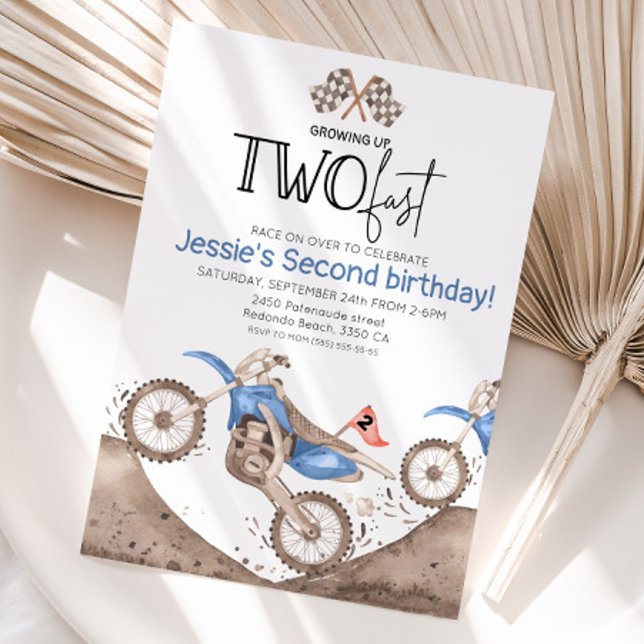 Invitation Blue Dirt Bike 2nd birthday - Growing up two fast (Blue dirt bike birthday invitation, growing up two fast)