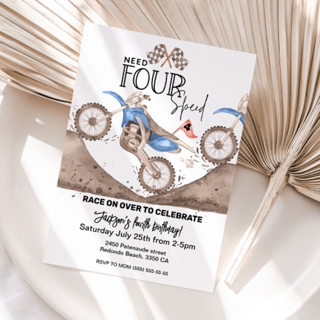 Invitation Blue Dirt Bike 4th birthday Need FOUR Speed  (Créateur téléchargé)