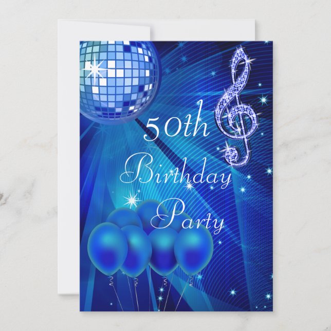 Invitation Blue Disco Ball et ballons 50e anniversaire (Devant)