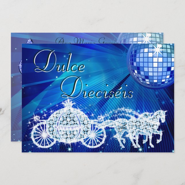 Invitation Blue Disco Ball, Princess Coach & Horses Sweet 16 (Devant / Derrière)