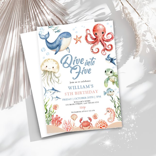 Invitation Blue Dive Into Five Ocean Animals 5th Birthday (Créateur téléchargé)