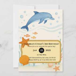 Invitation Blue Dolphin with Starfish & Rope Frame Birthday