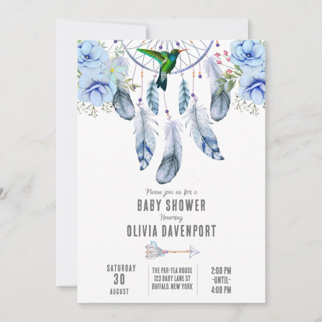 Invitation Blue Dreamcatcher Hummingbird Boy Baby shower (Devant)