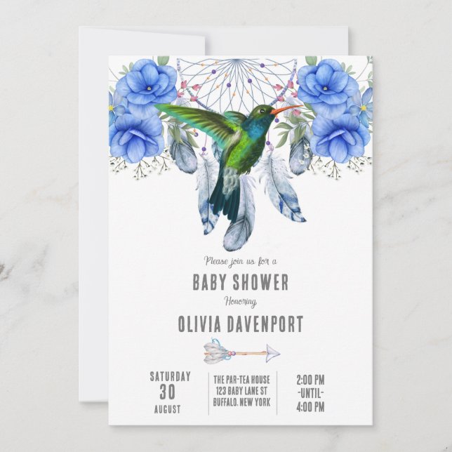 Invitation Blue Dreamcatcher Hummingbird Boy Baby shower Invi (Devant)