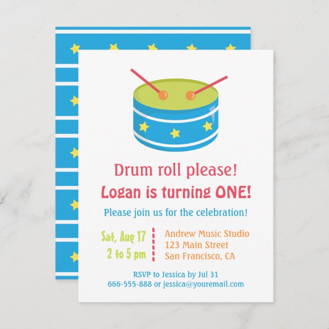 Invitation Blue Drum Roll Boy Premier anniversaire (Devant / Derrière)