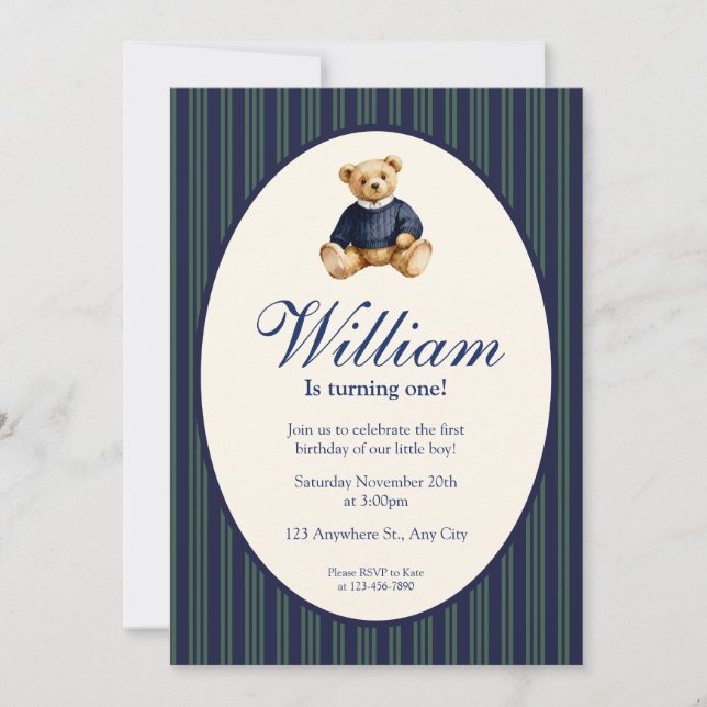 Invitation Blue Elegant Babys First Birthday Teddy Bear Invit (Devant)