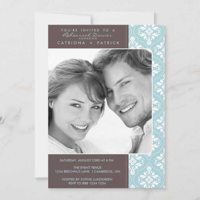 Invitation Blue Elegant Damask Photo Rehearsal Dinners Invita (Devant)