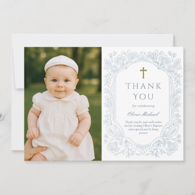 Invitation Blue Elegant Floral Baptism Thank You Card (Devant)