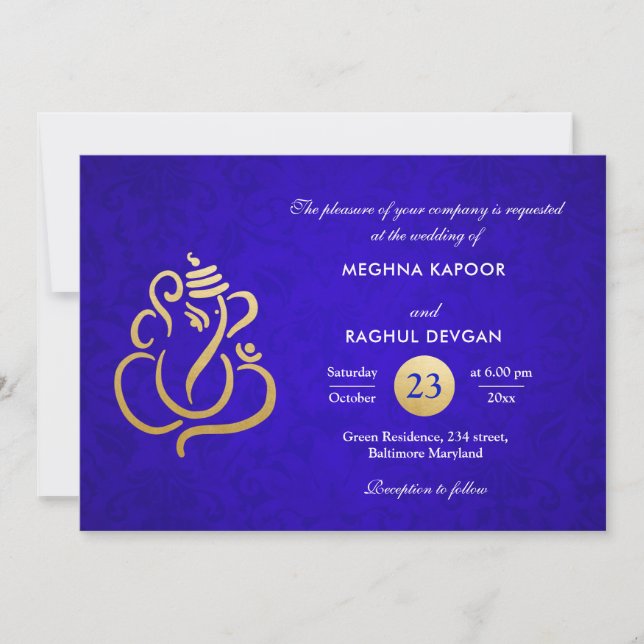 Invitation Blue Elegant Gold Foil Ganesha Indian Damask (Devant)