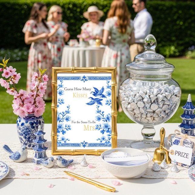 Invitation Blue Elegant Guess How Many Kisses sign (Blue Elegant Guess How Many Kisses sign)