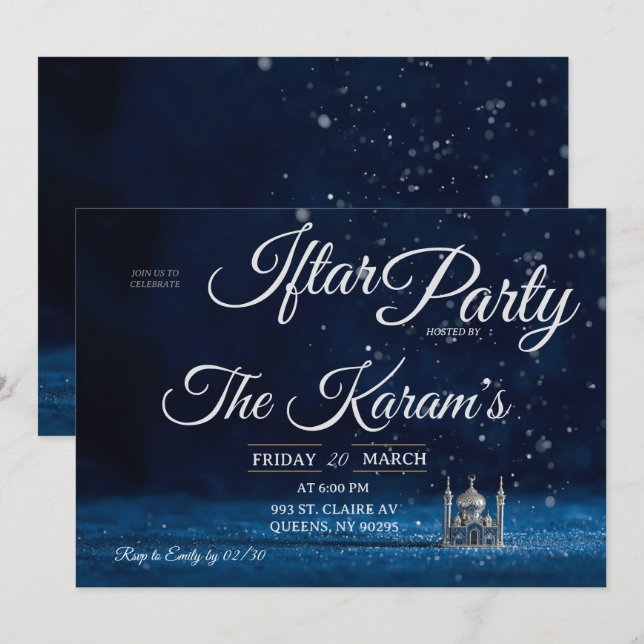 Invitation Blue Elegant Mosque Ramadan Iftar Party  Invit (Devant / Derrière)